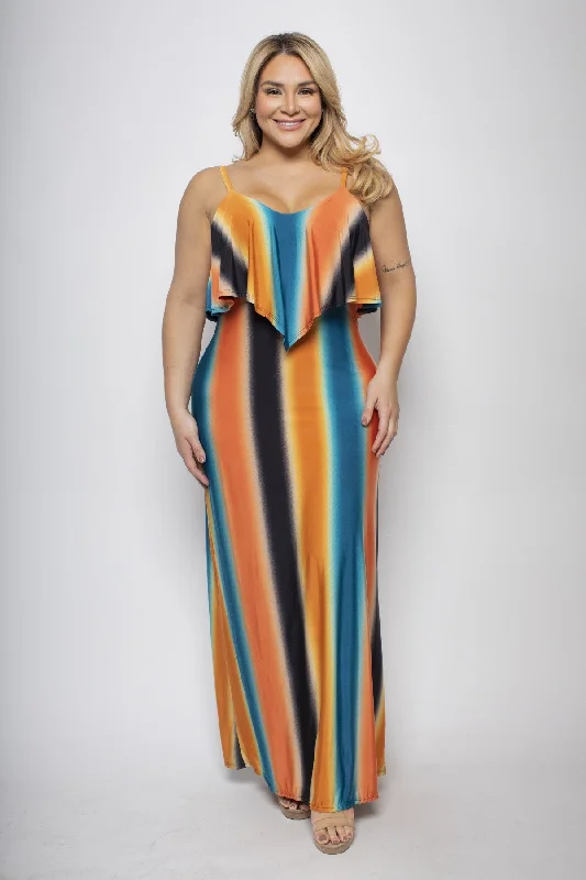 Plus Size Ombre Stripe Ruffle Maxi Dress Trendy Maxi Dress with Belt