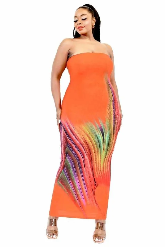 Plus Size Sleeveless Orange Gradient Tube Top Maxi Dress Trendy Button Front Maxi Dress