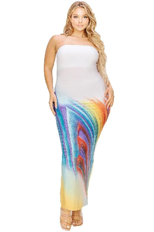 Plus Size Sleeveless White/Multi color Tube Top Maxi Dress Fashionable Layered Maxi Dress