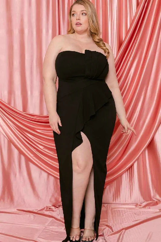 Plus Size Tube Top Pleated Black Maxi Dress Classic Strapless Maxi Dress