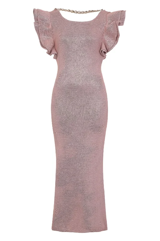 Posh Blush Glitter Sparkle Ruffle Frill Bodycon Pencil Maxi Dress Stylish Off-Shoulder Maxi Dress