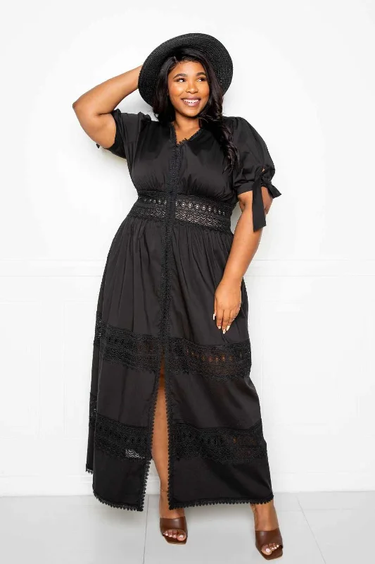 Puff Sleeve Maxi Dress With Lace Insert Fashionable High-Waist Maxi Dress