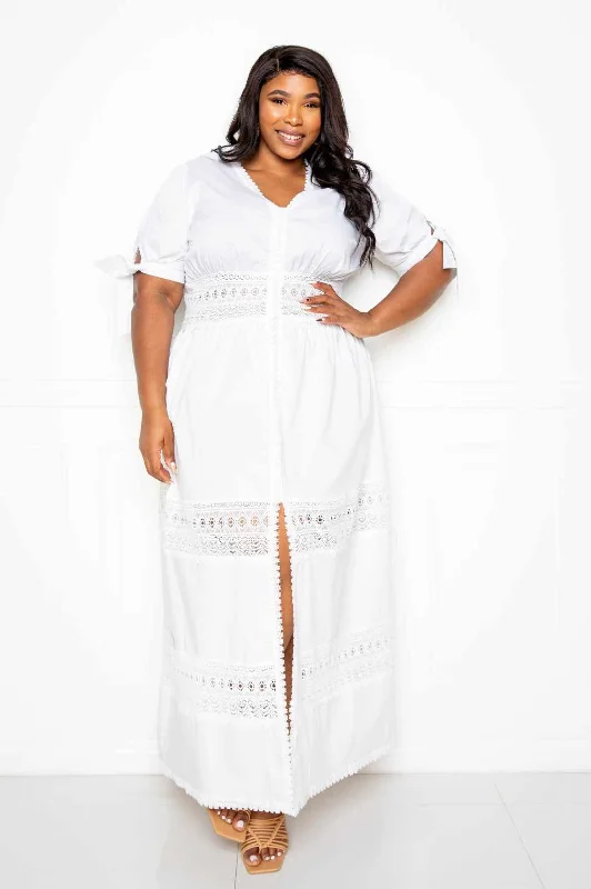 Puff Sleeve Maxi Dress With Lace Insert Comfortable Casual Maxi Dress