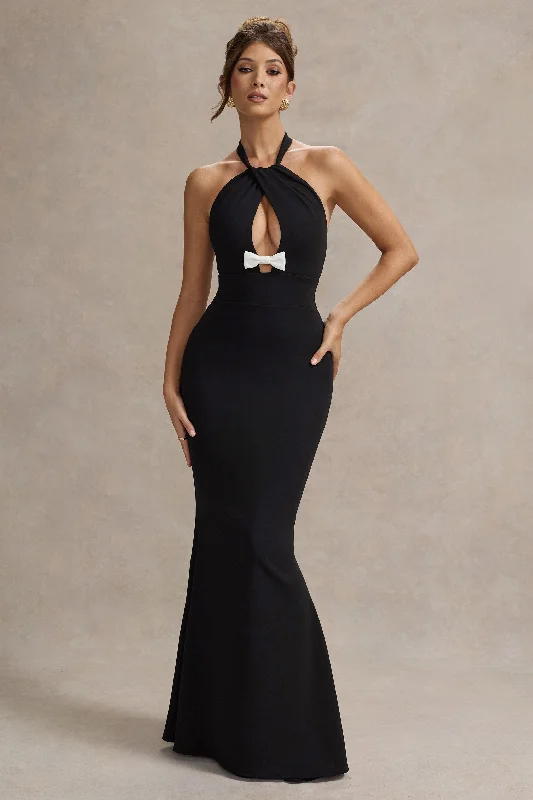 Raelynn | Black Halter-Neck Cut-Out Maxi Dress With Bow Elegant Maxi Dress with Lace