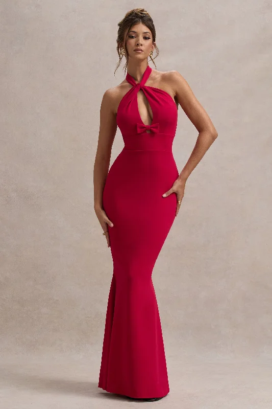 Raelynn | Red Halter-Neck Cut-Out Maxi Dress With Bow Trendy Maxi Dress with Lace