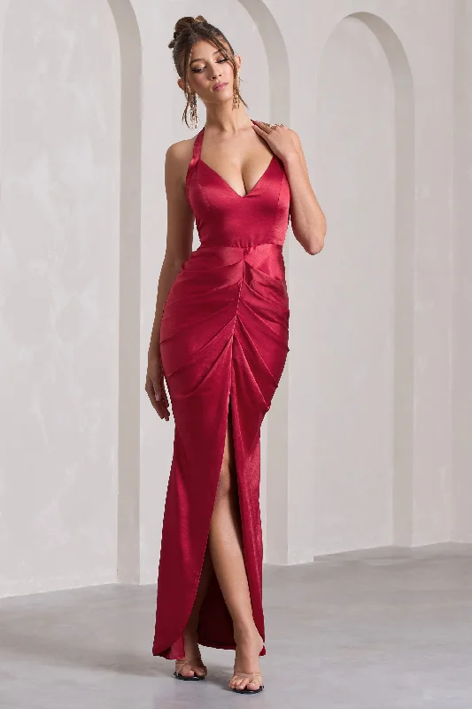 Rebecca | Red Satin Plunge Halter-Neck Open-Back Split Maxi Dress Comfortable Cotton Maxi Dress