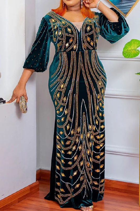 Rhinestone & Sequined Striking Fishtail Maxi Dress Elegant Maxi Dress with Drapes