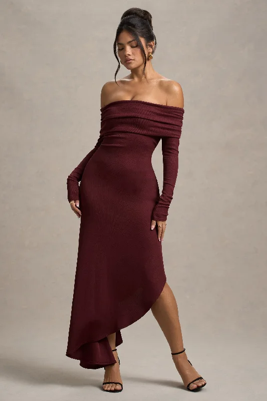 Romina | Port Rib Knit Bardot Maxi Dress With Asymmetric Hem Stylish Pleated A-Line Maxi Dress