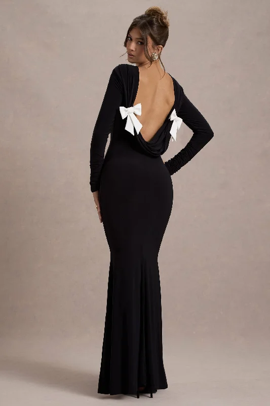 Rosalee | Black Long-Sleeve Cowl-Back Fishtail Maxi Dress With Bows Stylish Maxi Dress with Pleats