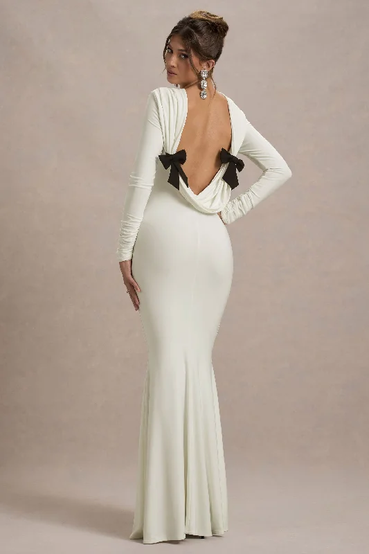 Rosalee | Cream Long-Sleeve Cowl-Back Fishtail Maxi Dress With Bows Fashionable Maxi Dress with Fringe