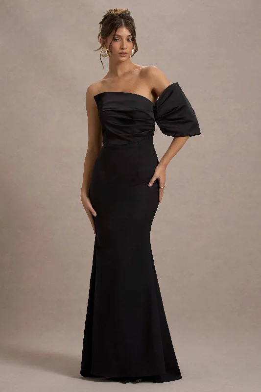 Rosora | Black Asymmetric One-Sleeve Fishtail Maxi Dress Comfortable Fitted Maxi Dress