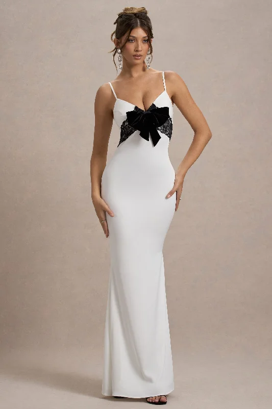 Rumi | White Satin Strappy Maxi Dress With Velvet Bow Fashionable Open-Back Maxi Dress