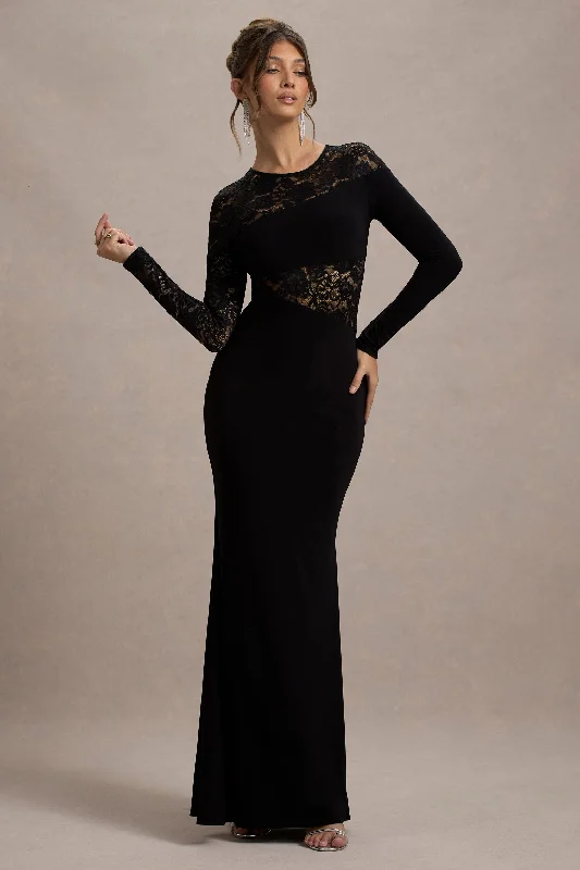 Runway | Black Lace Asymmetric Cut-Out Maxi Dress Stylish Empire Waist Maxi Dress