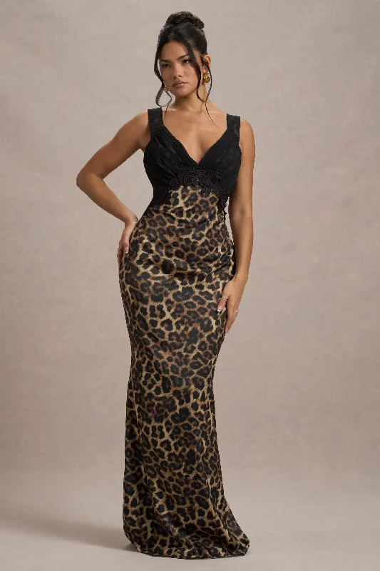 Sahara | Leopard Print Satin V-Neck Maxi Dress With Black Lace Trim Comfortable Flowy Maxi Dress