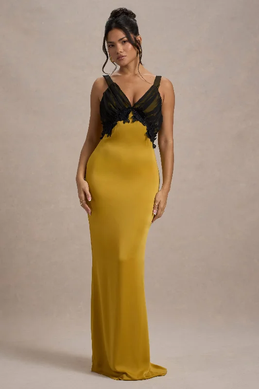 Sahara | Mustard Satin V-Neck Maxi Dress With Black Lace Trim Cozy Knitted Maxi Dress