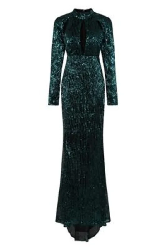 Salma Luxe Emerald Keyhole Glistening Sequin Fishtail Maxi Dress Elegant Tiered Maxi Dress