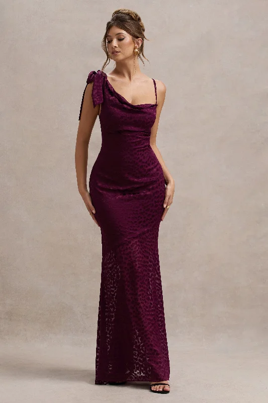 Sangria | Burgundy Satin Jacquard Cowl-Neck Maxi Dress Stylish Off-Shoulder Maxi Dress