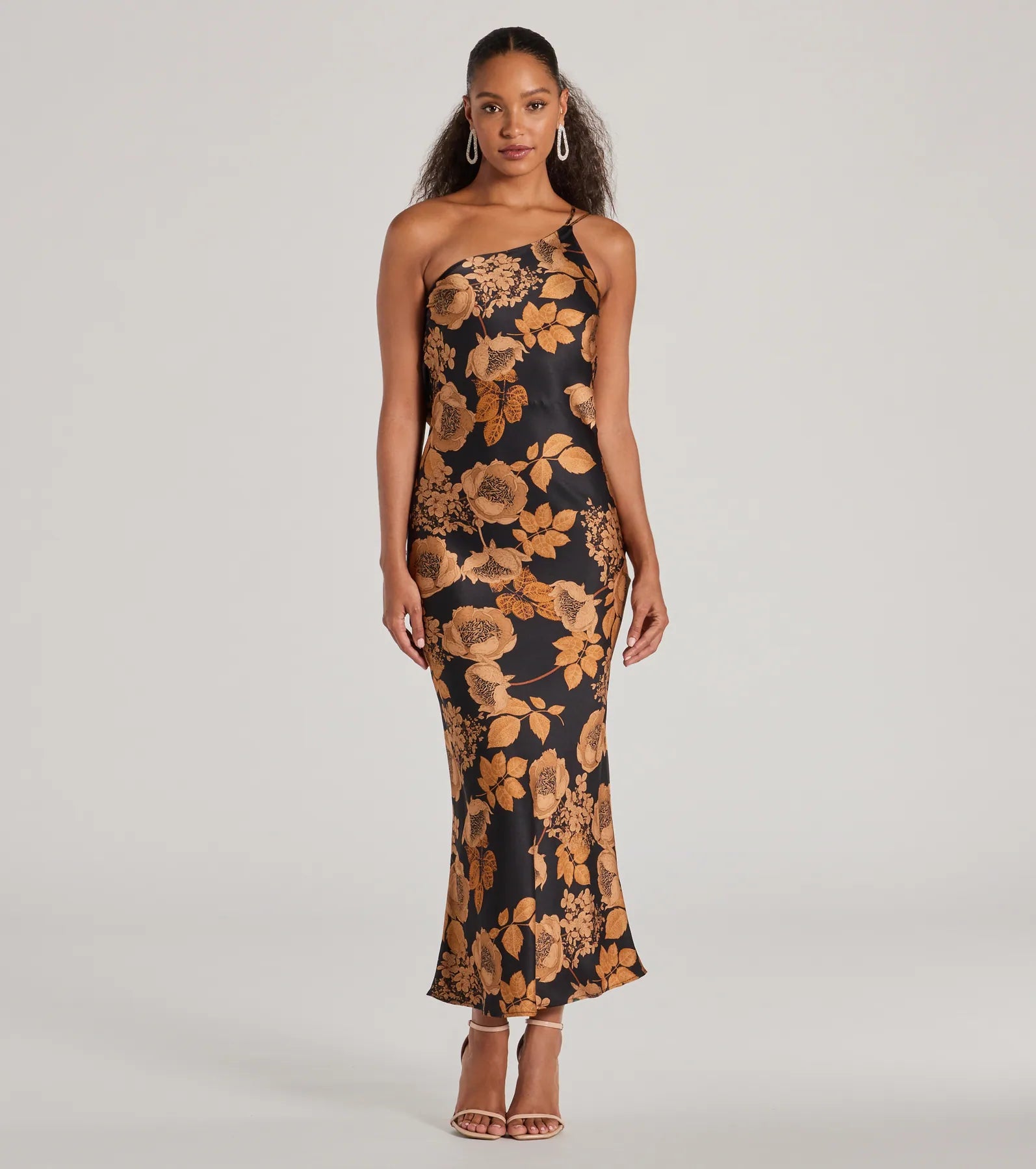 Sensational Sultry One-Shoulder Floral Satin Maxi Dress Trendy V-Neck Maxi Dress