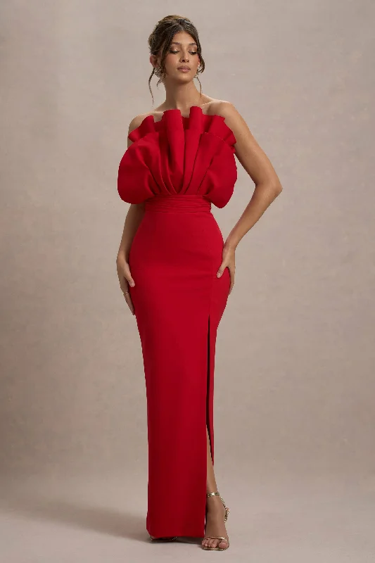 Set The Bar | Red Ruffled Strapless Split Maxi Dress Trendy V-Neck Maxi Dress