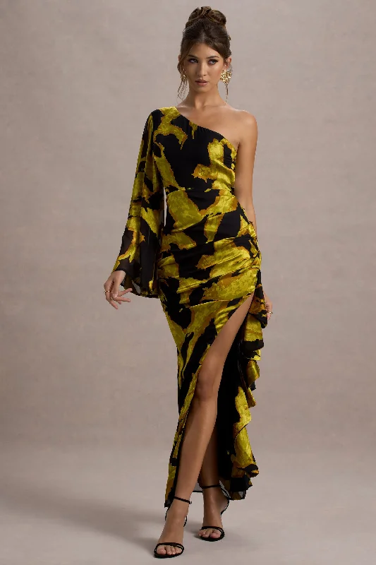 Sevilla | Mustard Print Satin Jacquard One Sleeve Ruffled Split Maxi Dress Cozy Maxi Dress with Slit