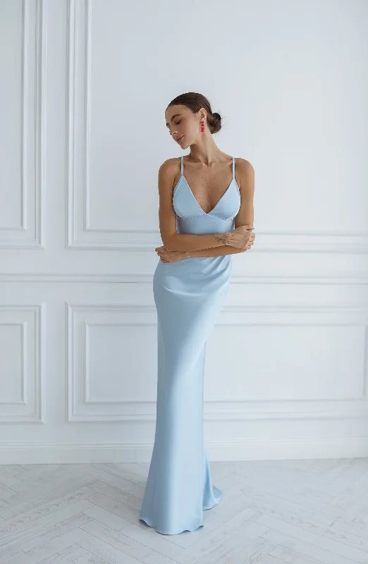 Sky-Blue Satin Slip Maxi Dress Fashionable High-Waist Maxi Dress