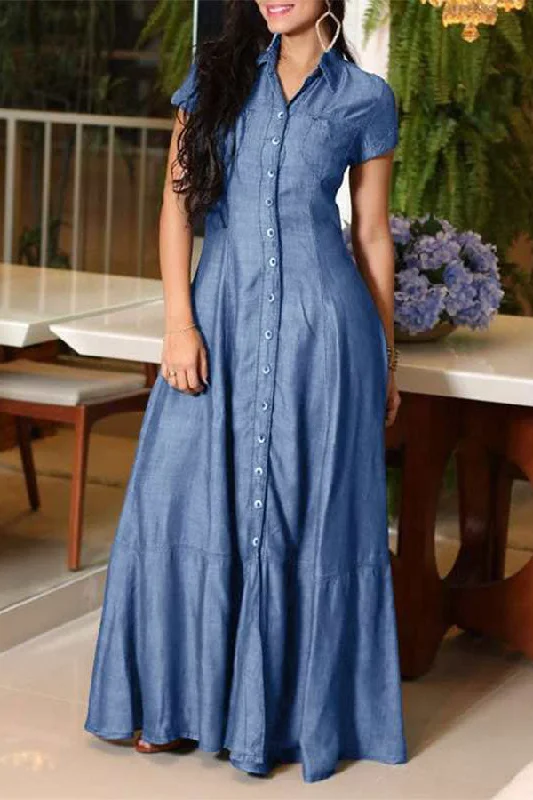 Solid Color On-trend Single Breasted Denim Maxi Dress Chic Button-Up Maxi Dress