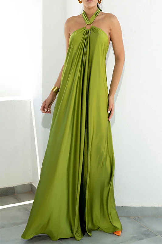 Solid Color Romantic Flowy Backless Maxi Dress Stylish One-Shoulder Maxi Dress