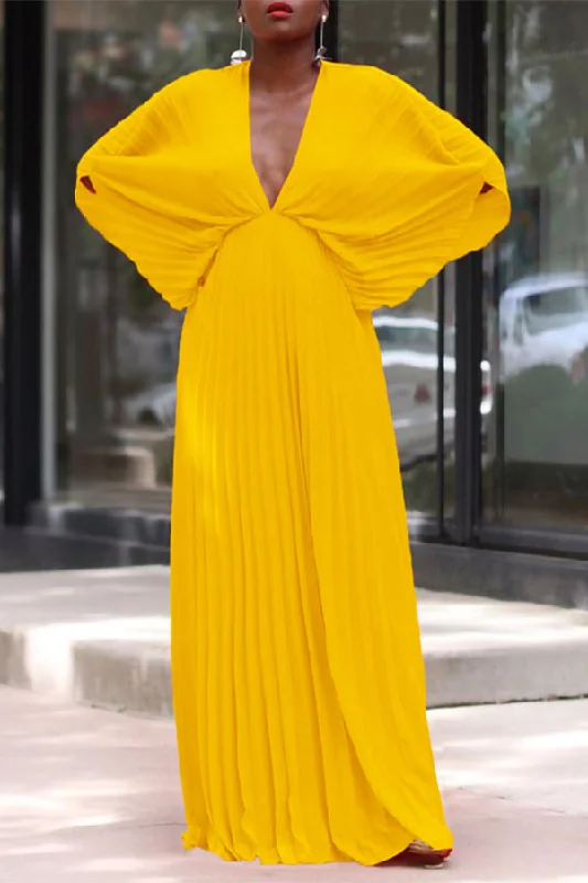 Solid Color Unique Batwing Sleeve Pleated Maxi Dress Stylish Button-Up Maxi Dress