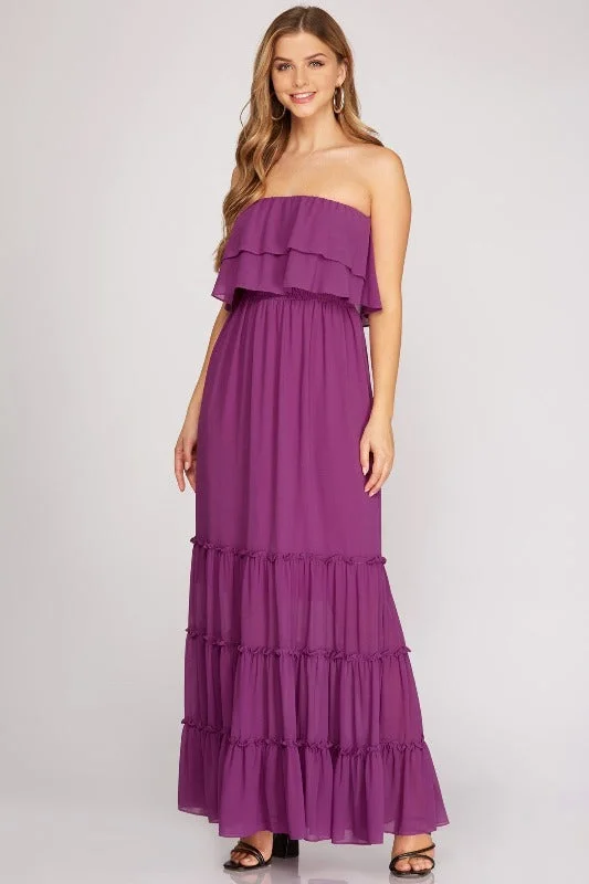 Strapless Tube Tiered Maxi Dress - Magenta Purple Stylish One-Shoulder Maxi Dress