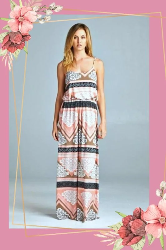 Strappy Maxi Dress Ethnic Print - Pink Multi Fashionable Off-Shoulder Maxi Dress