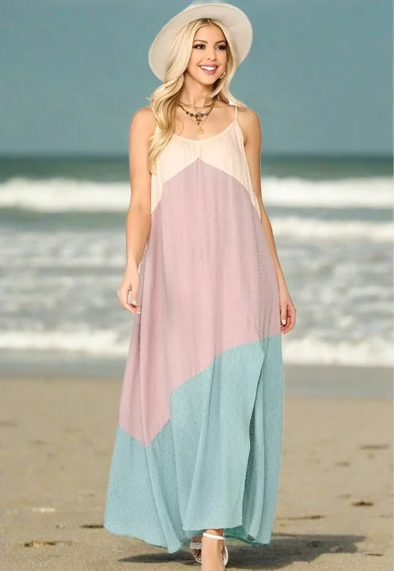 Gigio Summer Colorblock Maxi Dress - Lt. Mauve Trendy Ruffled Maxi Dress