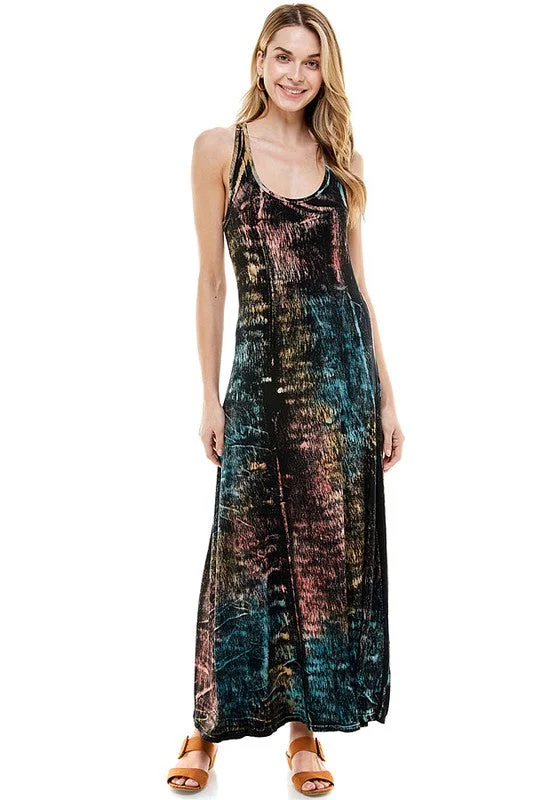 T-Party Racer Back Tie Dye Maxi Dress - Black Fashionable Maxi Dress with Fringe