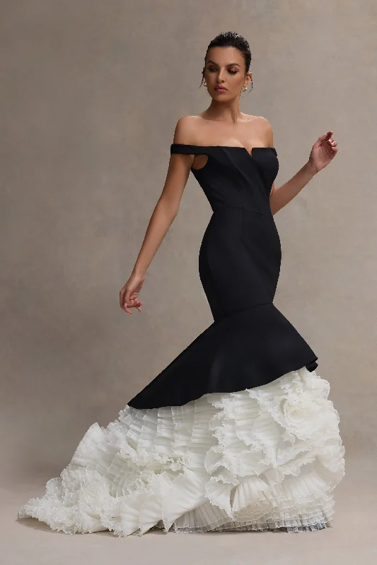 The Greatest | Black & Cream Bardot Maxi Dress With Tulle Skirt Comfortable Plunging Neckline Maxi Dress