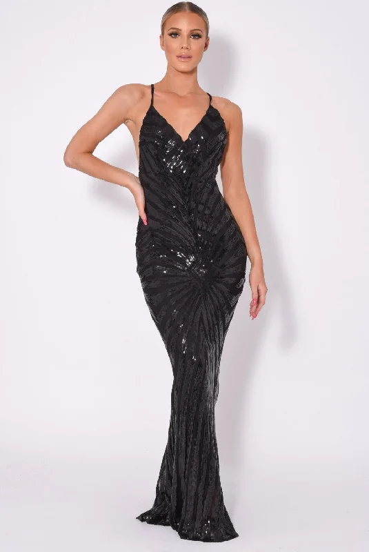 Timeless Black Plunge Sequin Hourglass Illusion Mermaid Maxi Dress Comfortable Fitted Maxi Dress