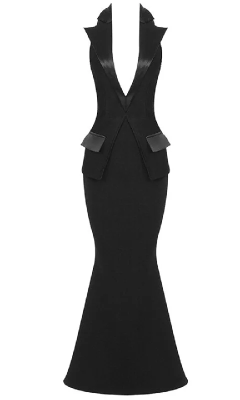 Tip The Scales <br><span>Black Sleeveless Plunge V Neck Backless Halter Satin Lapel Tuxedo Mermaid Maxi Dress</span> Fashionable Sheer Maxi Dress