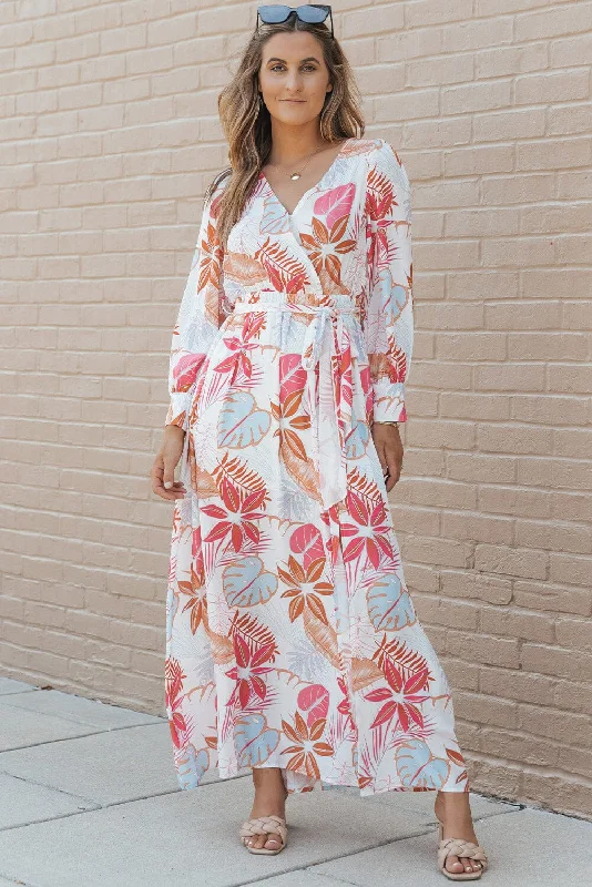 KaleaBoutique Tropical Plant Print Long Sleeve Wrap V-Neck Slit Maxi Dress Elegant Silk Maxi Dress