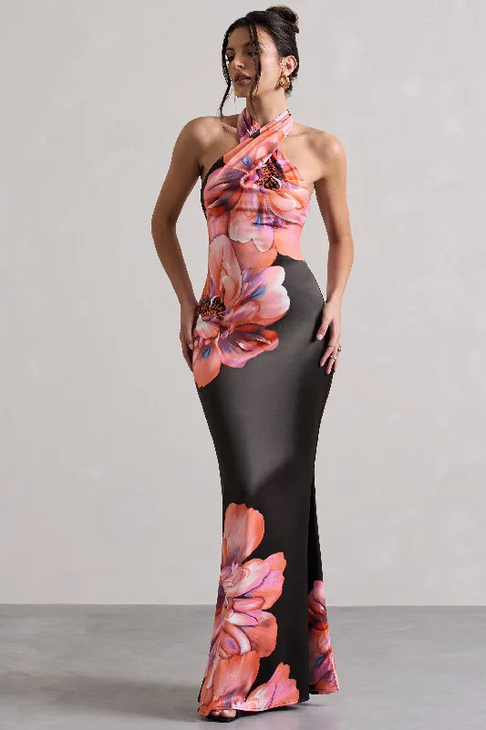 Tropicana | Pink Floral Satin Cross Over Halterneck Maxi Dress Elegant Velvet Maxi Dress