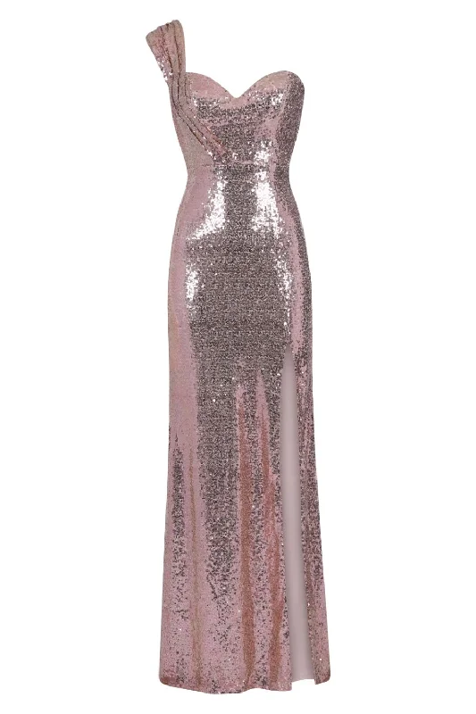 Twisted Love Rose Gold Sweetheart Sequin Slit Fishtail Maxi Dress Stylish Boho Chic Maxi Dress