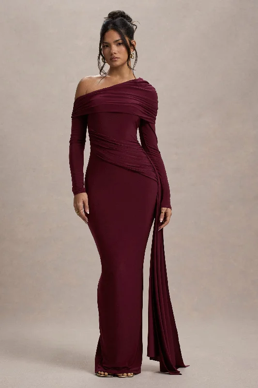 Valina | Burgundy Ruched Asymmetric Maxi Dress With Drape Elegant Velvet Maxi Dress