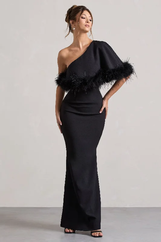 Valor | Black Asymmetric Maxi Dress With Feather Trim Fashionable Sleeveless Maxi Dress