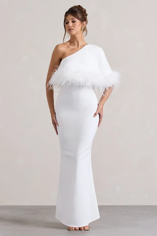 Valor | White Asymmetric Maxi Dress With Feather Trim Elegant Maxi Dress with Drapes