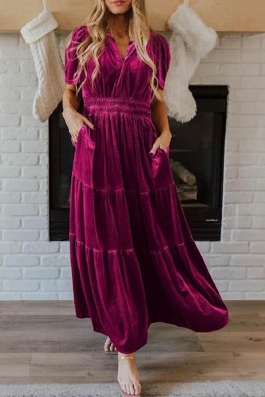 KaleaBoutique Velvet Short Sleeve Shirred Waist Tiered Maxi Dress Cozy Maxi Dress with Slit