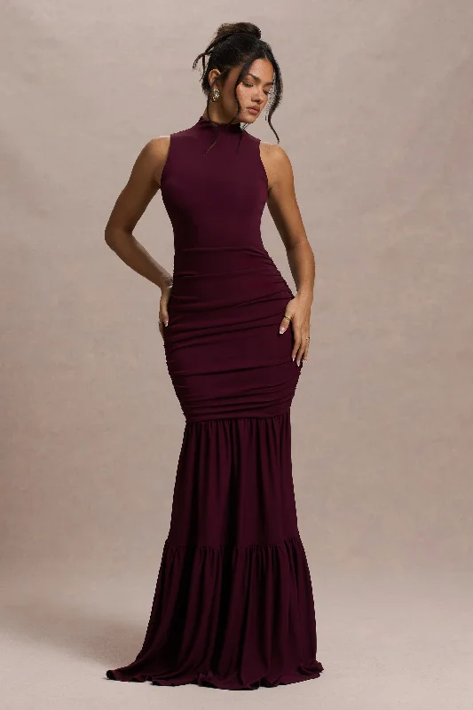 Verano | Plum High-Neck Tiered Maxi Dress Trendy V-Neck Maxi Dress