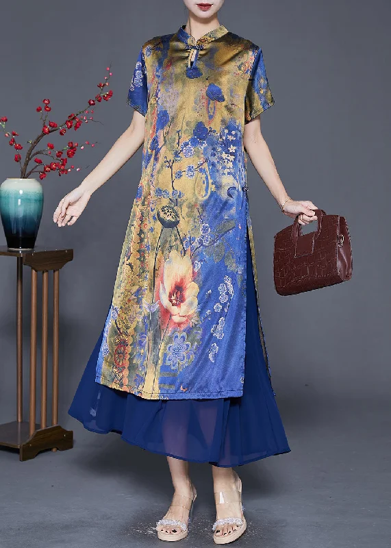 Vintage Blue Print Patchwork Silk Maxi Dresses Summer Comfortable T-Shirt Maxi Dress