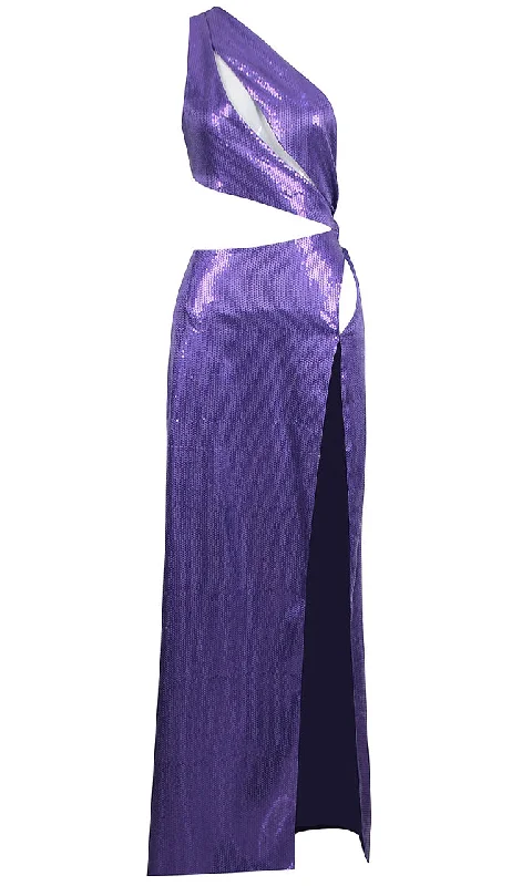 Violet Obsession<span><br> Purple Sequin Sleeveless One Shoulder Cut Out Bust Open Side High Slit Maxi Dress</span> Fashionable High-Low Maxi Dress