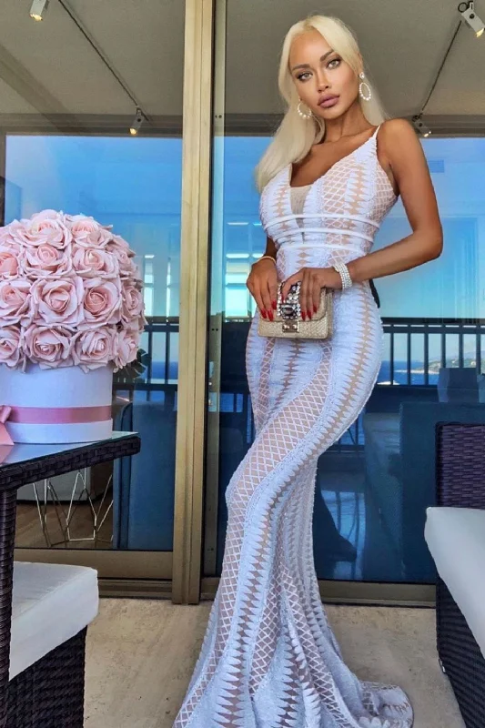 Virgo White Nude Plunge Cage Sequin Bandage Illusion Maxi Dress Fashionable Sheer Maxi Dress