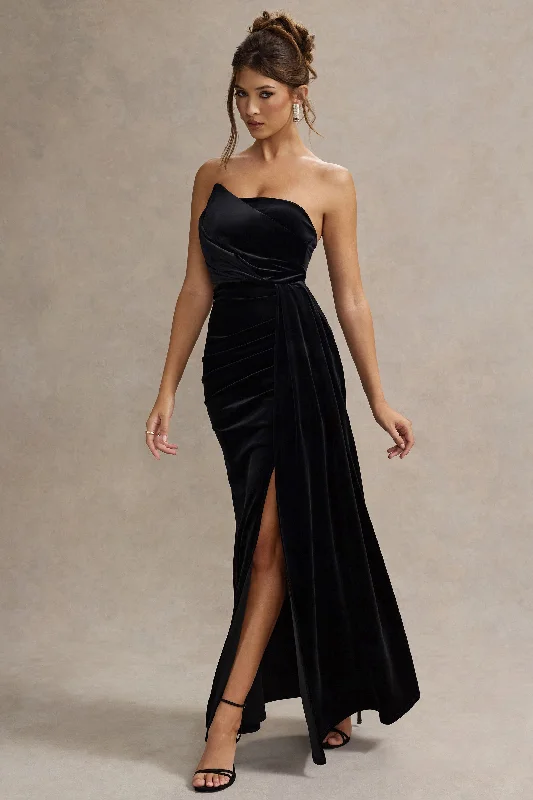 Zafira | Black Velvet Strapless Draped Maxi Dress Fashionable Chiffon Tiered Maxi Dress