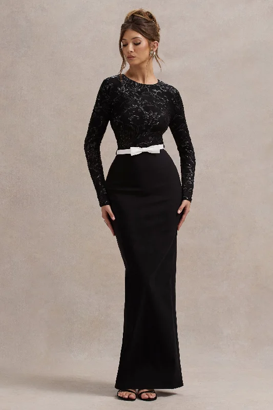 Zenith | Black Lace Long-Sleeve Maxi Dress Cozy Ruffle Sleeve Maxi Dress