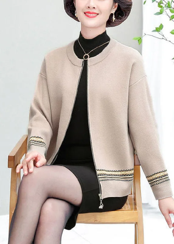 Apricot Patchwork Woolen Jackets O-Neck Embroidered Long Sleeve Belted Jacket Elasticated Jacket Padded Jacket