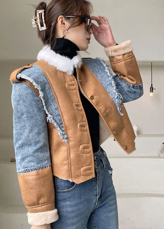 Beautiful Blue Asymmetrical denim Patchwork Jackets Winter Faux Fur Jacket Real Fur Jacket Shearling Jacket